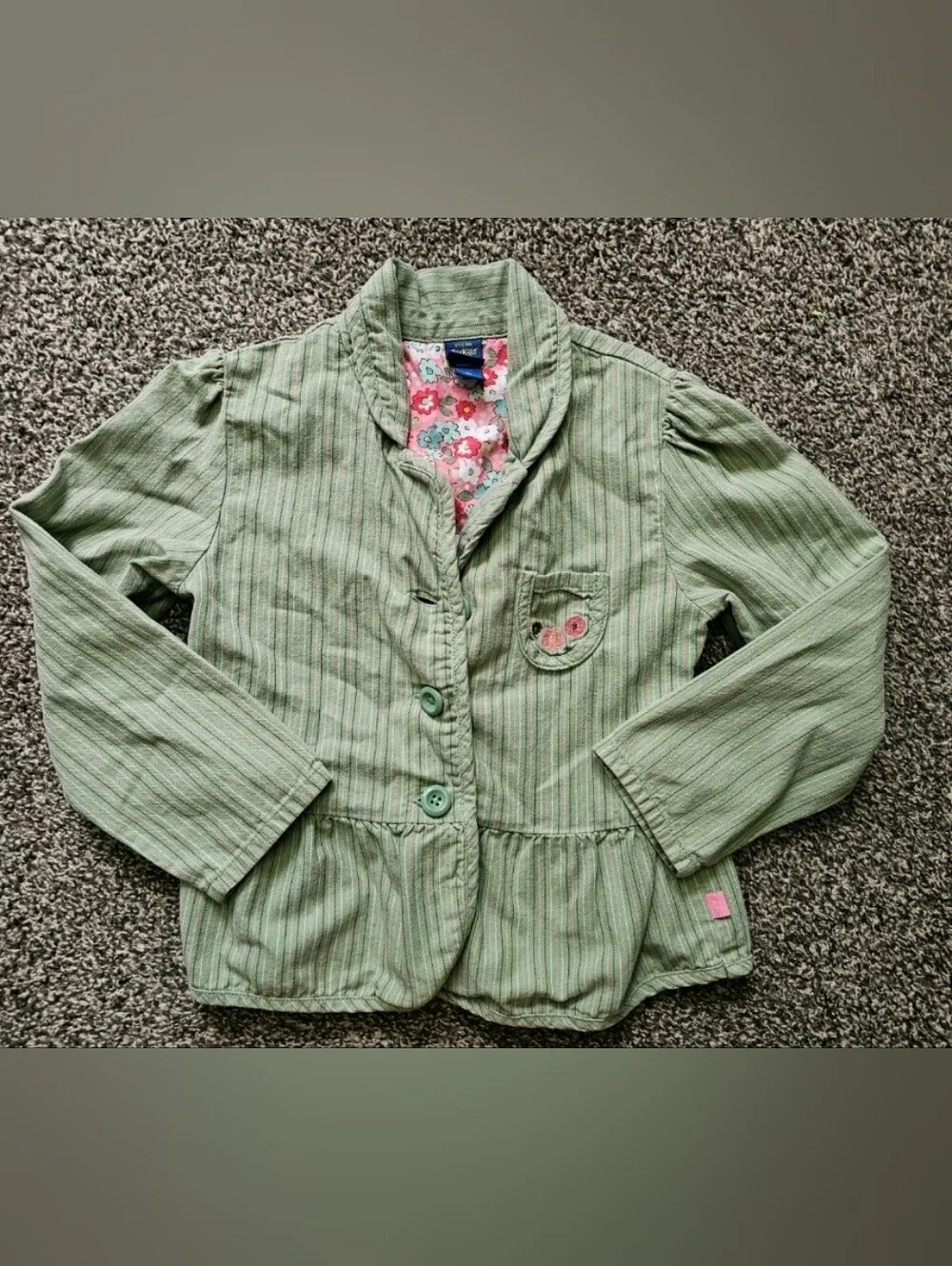 Vintage Y2K OshKosh B'Gosh Girls Green Striped Blazer Jacket Floral Lined Size 6